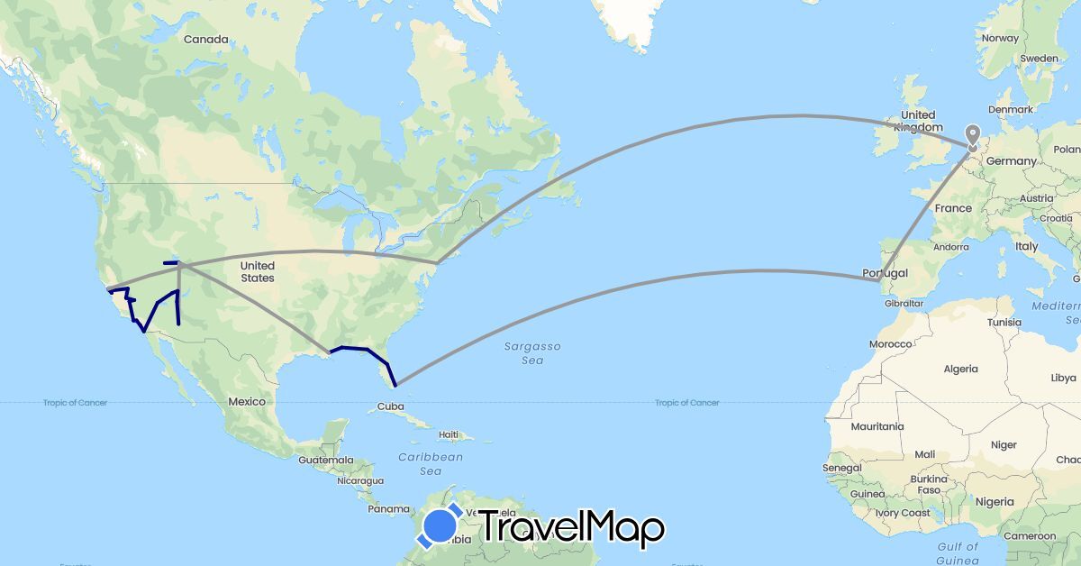 TravelMap itinerary: driving, plane in Netherlands, Portugal, United States (Europe, North America)